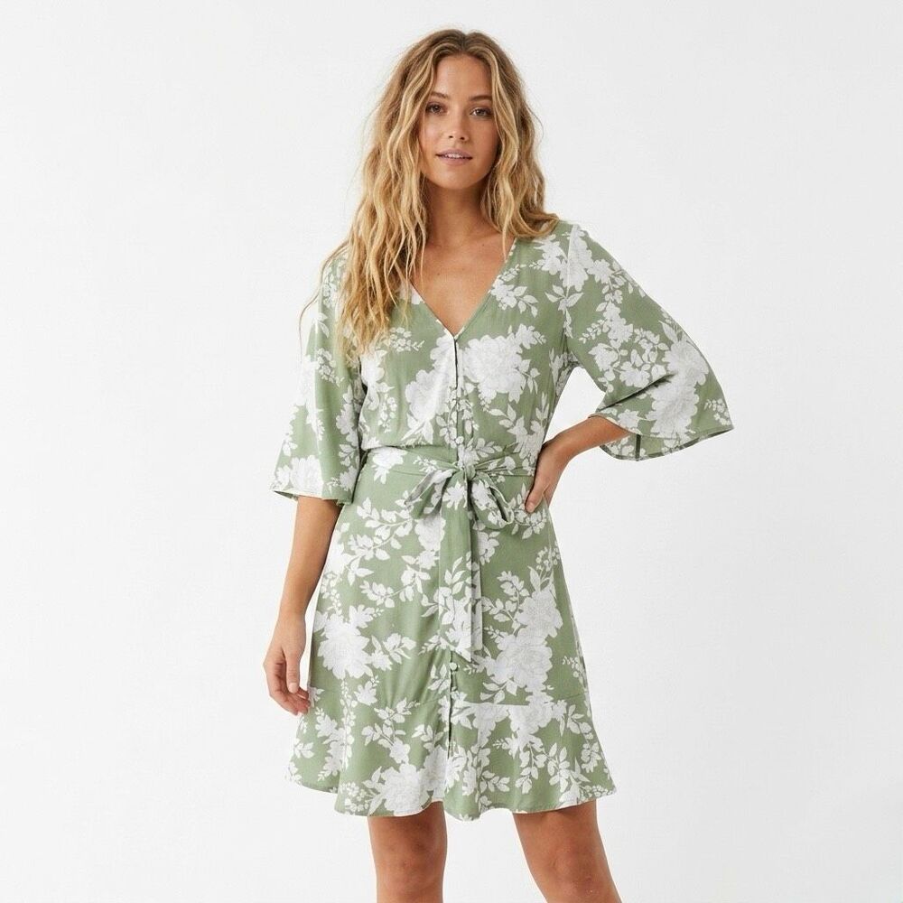 Kivari Green Floral V-Neck Button Front Tie Waist Boho Spring Mini Dress Large
